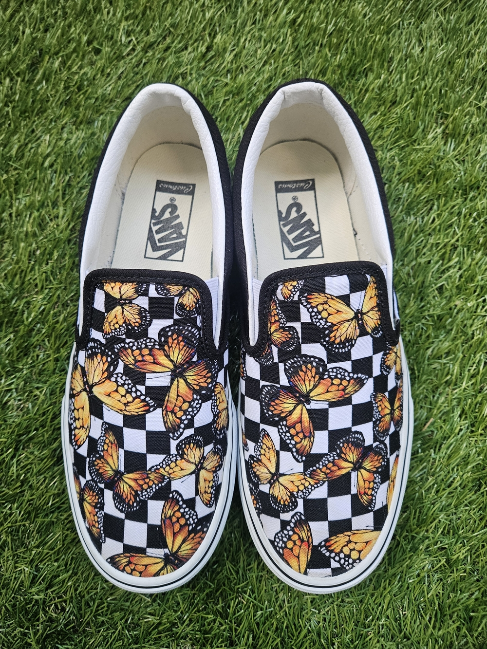 NWOT Vans Classic Slip-On Custom Monarch Butterfly Checkerboard Shoes Sz 9W /7.5